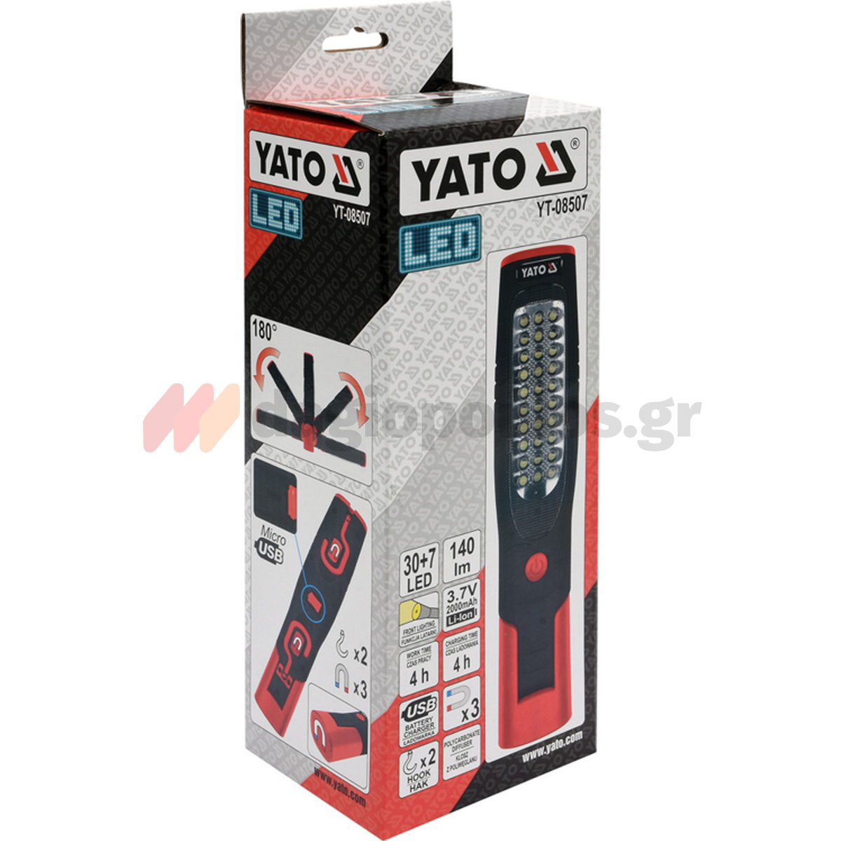 Yato YT-08507 Φακός Χειρός Επιθεώρησης & Εργασίας Περιστρεφόμενης Κεφαλής 30+7 LED 140 Lumens