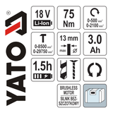 Yato YT-82790 Brushless Κρουστικό Δραπανοκατσάβιδο Μπαταρίας 18V Li-Ion Με Μπαταρία 3.0Ah & Βαλίτσα