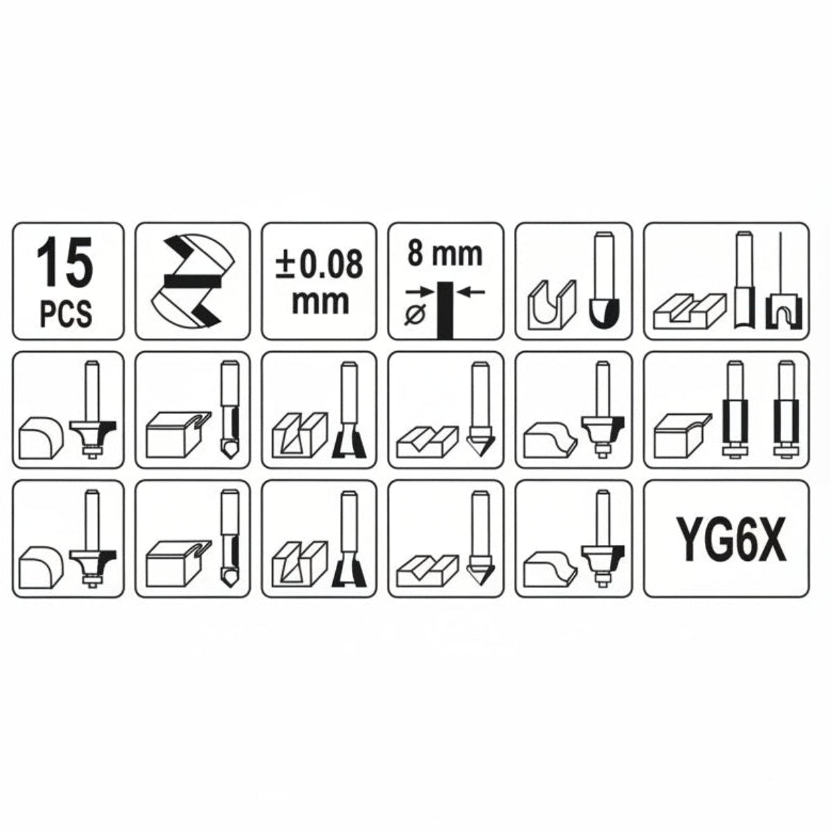 Yato YT-68002 Συλλογή Μύτες Ρούτερ 8mm Σετ 15 Τεμ