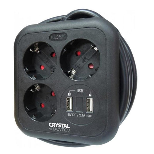 Crystal Audio Πολύπριζο Crystal Audio 3 Θέσεων και 2 Θήρες USB 2.1A Μαύρο - Dagiopoulos.gr